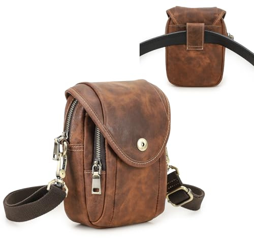 Kontakter män läder liten axel crossbody väska resa höft rumpa midjeväska telefonväska mini bältesväska midjeväska skolväska messel messenger med justerbar rem, Kaffe, 14.0 X 7.5 X 19.5 Centimeters