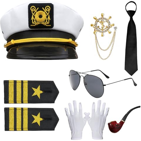 Maazusa Kapitän Kostüm Zubehörset Herren 8 Stück Goldene Ankerbrosche Marinehut Graue Sonnenbrille Schwarze Krawatte Handschuhe für Halloween Karneval Party