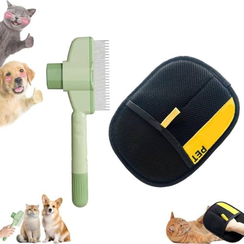 Tierhaarentferner Handschuh & Fellblitz Bürste katze – Fell Magnet handschuhe für Hunde und Katzen, Katzenhaarentferner Handschuh für Static Remover Pet Hair Remover﻿ Glove (Grün Bürste +handschuh)