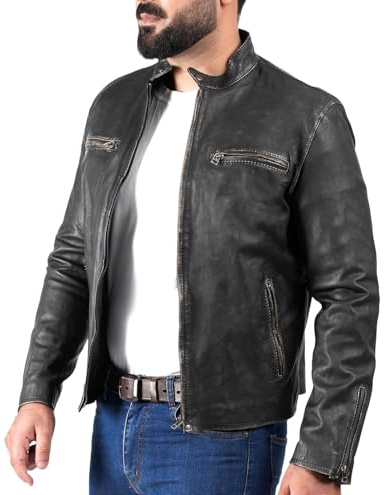 SHOP OF JACKETS LIMITED nödställd motorcykeljacka i läder | vintage beige svart äkta läderjacka herr | motorcykelkläder för män | storlek medium
