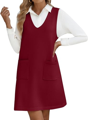 Hotouch Jumper Dress Women Sleeveless Sweater Vest Dress Casual V Neck Knit Fall Dresses Loose Knitwear with Pockets
