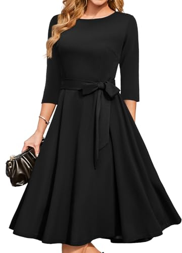 DRESSTELLS Cocktail Dresses for Wedding Guest, Long Sleeve Formal Church Mother of the Bride Holiday Tea Party Prom Evening Gown Gala Funeral Midi Dress, Petite Little Black S