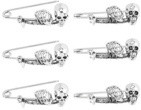 SUPERFINDINGS 6 Stück Totenkopf Sicherheitsnadel Gothic Punk Sicherheitsnadel Antik Silber Große Sicherheitsnadeln Brosche Legierung Kiltnadeln Skelett Brosche Für Kleidung Schal Rucksack Rock