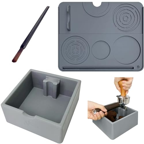 MOMAHUA Espresso Coffee Knock Box, Silicone Coffee Tamping Station 3-Piece Set Knock Box Tamper Mat and Cleaning Brush Non-Slip Espresso Accessories Heat Resistant Barista Kit for Home Cafe Grey