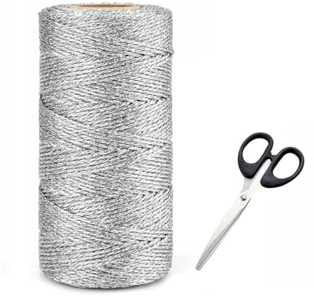 GQunit 100m Silber Metallic Kordel 1.5mm Bastelschnur mit Schere | Silber Geschenkband, 1.5mm Nylonschnur, DIY Bastelschnur, Weihnachtsdekoration, Nicht Elastisch