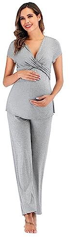 Pyjama de maternité et d'allaitement pour femme - Coupe ample - Pyjama respirant - Ensemble deux pièces - Manches courtes - Col en V - Haut et pantalon long - Vêtements de nuit d'été - Ensemble