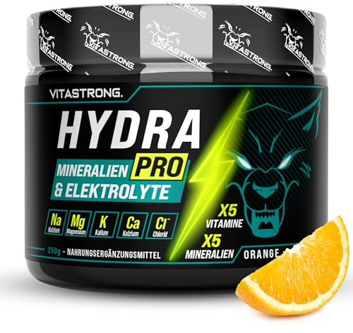 Electrolyte Poudre Vitastrong Hydra Pro 250g, Pre Workout avec 5 Minéraux, 5 Vitamines, Rhodiola Rosea, Vitamine C, Calcium, Magnésium Malate, Potassium Citrate, Vitamine B12, Niacine B3, Goût Orange