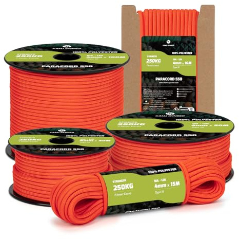 Kamu Synber Paracord 550 Typ III 4mm 15m 7 Trådar 100% Polyester Rep Idealisk för Armband, Camping, Utomhus, överlevnads | Stöd 250kg | Neonorange