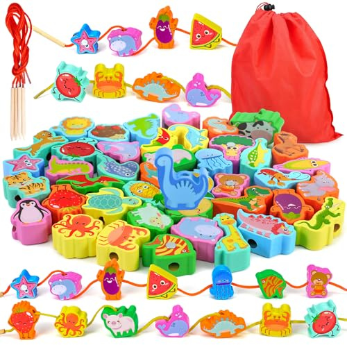 Ophy Montessori Spielzeug - 48 STK Holzspielzeug Fädelspiel Geschenk Motorikspielzeug 6 Themen ab 2 3 4 5 6 Jahre für Kinder Madchen Jungen Baby Kinderspielzeug Holzperlen für Kinder Geschenke