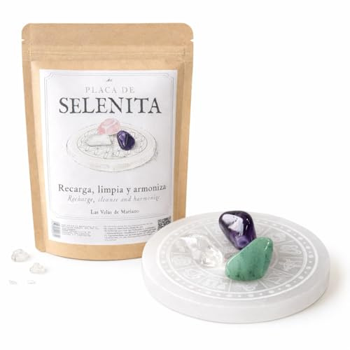 Placa de Selenita Natural Grabada 8 cm de Diámetro, para Carga de Cristales, Joyas y Piedras Curativas (Zodiaco)
