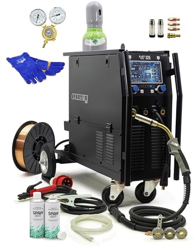 Spartus EasyMIG 325 Synergie MIG MAG - Soldadora con bombona de gas de 8 l y alambre, inversor de 400 V y 300 A, juego completo con reductor de presión, 4 rodillos LCD, listo para arrancar