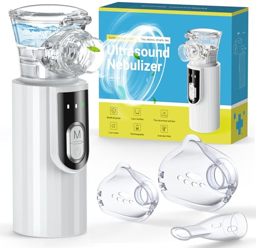 NovaNeb Nebulizador para Bebe Adultos Niños - Nebulizador Portátil de Malla Silencioso Recargable USB-C con 2 Máscaras y Boquilla, Inhalador Con Mango para uso Doméstico y de Viaje