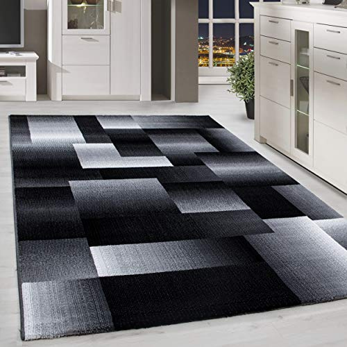 HomebyHome Kurzflor Teppich 80x150 cm, Modern Abstrakt Kariert in Schwarz Grau Weiß, Pflegeleicht, ideal für Flur, Küche oder kleine Räume