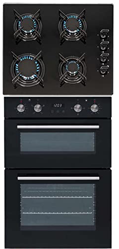 SIA DO102 60cm Black Built In Double Electric Fan Oven With Digital Timer & GHG612BL 60cm Black 4 Burner Gas On Glass Hob With Enamel Pan Stands & FFD