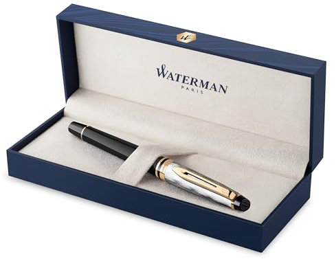 Waterman Expert Tintenroller | Metall und schwarzer Lack mit goldenen Zierteilen, ziselisierte Kappe | feine Spitze | schwarze Tinte | Geschenkbox