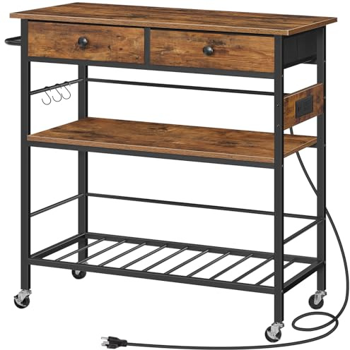 HOOBRO Kitchen Island with Storage, Rolling Island Cart for Kitchen with 2 Drawers & Outlet, 3 Tier Coffee Station and Microwave Stand, Kitchen Island Table for Home, Rustic Brown BF08UZD01