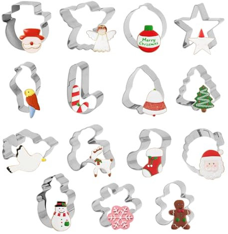 Christmas Cookie Cutter Set, 15 Pieces Stainless Steel Christmas Biscuit Cutters Shape of Gingerbread Boy, Christmas Tree, Snowflake, Reindeer, Snowman, Santa, Claus for Cookie DIY Baking A6-SDQGMJ