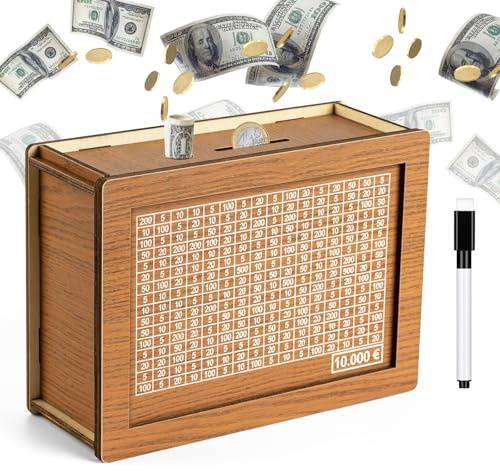 Spardose Holz,Sparbox mit Zahlen Ankreuzen,Sparbox with Ziel,Spardose mit zähler Zum Ankreuzen,Sparschwein mit Sparziel,Spardose €500/€1000/€2000/€3000/€5000/€10000 Euro
