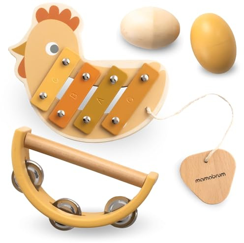 Mamabrum Ensemble Musical Bébé - Tambourin, 2 Hochets, Xylophone Thème Poule - Instruments de Musique en Bois - Jouets Éducatifs Développement Sensoriel 12+ Mois