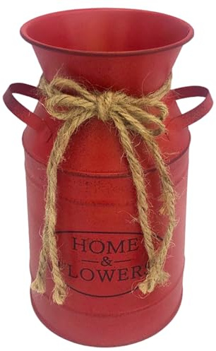 Bauernhausvase, Blumenvase Vintage Primitive 4 Durchmesser x7 Höhe Rot Vasen Dekorative Vase Home Decor mit Ohren & Bogenseil süße Vase verzinkte Eisen Metallvase für Wohnungsbauplanter