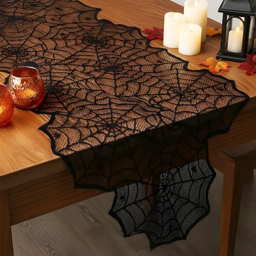 Camino de mesa de Halloween de 45 x 183 cm, de encaje negro, telaraña, para decoración de fiesta de Halloween, decoración de mesa de comedor, tela de telaraña, cubierta espeluznante