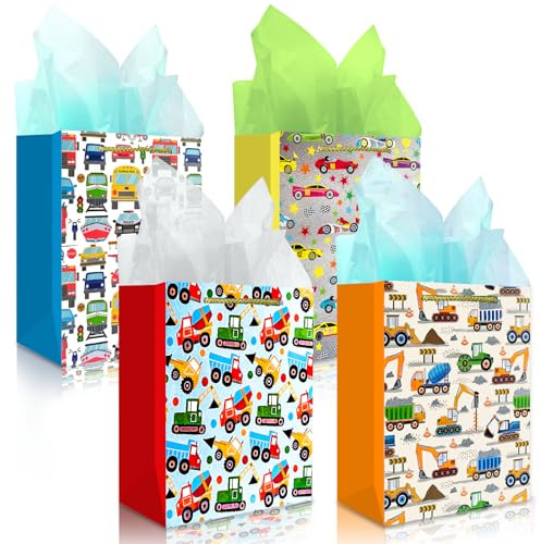 Geschenktüten Geburtstag Geschenktasche für Kinder Junge Rennwagen Bulldozer Mixer Dumper Fahrzeuge Muster Traktor Muldenkipper Straße Unter Bau Baustelle Bagger Papiertüten Blau Gelb Geburtstagstüten