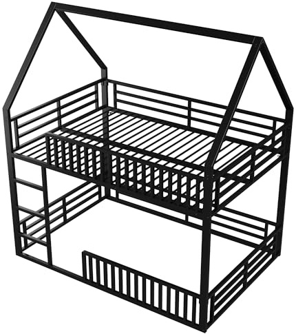 Bladez Lit mezzanine avec toboggan, 140 x 200 cm, design en forme de maison, éclairage LED, rampe de sécurité, noir (noir + métal, 140 x 200 cm)