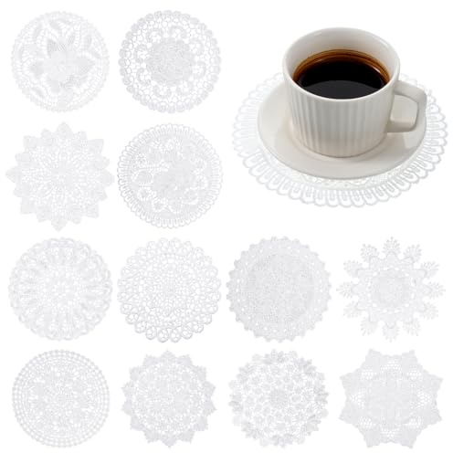 12 Stück Spitzendeckchen 15 cm Rund Spitze Deckchen Handgehäkelte Deckchen Weiß Vintage-Häkeldeckchen Kleine Gestickte Tischläufer Spitze Platzdeckchen für Esszimmer Küche Party Hochzeit Kommoden