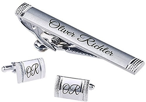 aplusashop ID Krawattennadel + Manschettenknöpfe mit Gravur nach Wunsch Edelstahl Hochzeit (Mit Gravur)