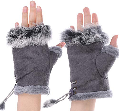 Women Suede Gloves Fingerless Gloves Mittens Faux Fur Lined Half Finger Gloves Warm Winter Touchscreen Gloves Thicken Fluffy Hands Warmer Adjustable Windproof Cuffs For Cycling Driving Outdoor Sports