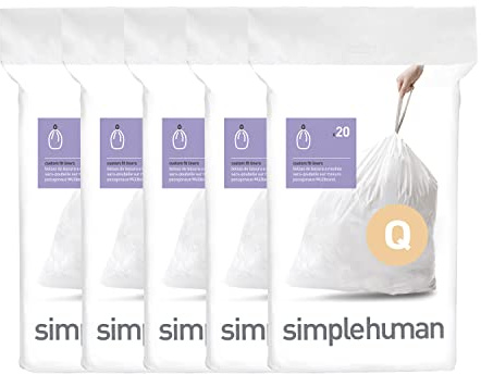simplehuman Code Q 100 Count, Dispenser Pack Custom Fit Liners, Drawstring Trash Bags, 50-65 Liter / 13-17 Gallon, White
