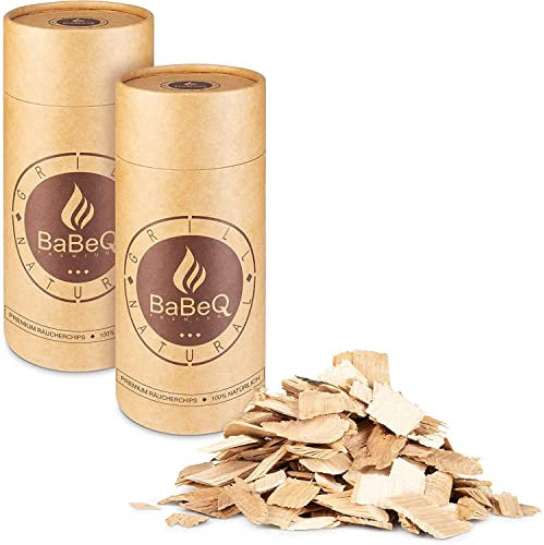 BABEQ - 1 kg Premium Räucherchips Hickory Natur-Holz schnelles & intensives Raucharoma - Smoker Räucher-Chips für Kohlegrill, Elektrogrill & Gasgrill - BBQ Smoking Holz-Chips Räucherspäne zum Grillen
