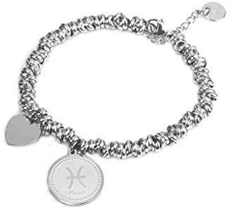 Flowers Bracciale in Acciaio a Maglia intrecciata Con Ciondolo Tondo Segno Zodiacale e Piccolo Ciondolo Cuore. Bracciale dello Zodiaco elegante spedito con sacchettino di Organza (Pesci)