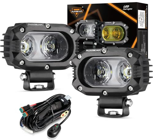 Auxbeam 4 Inch LED Light Pods, 60W Square Offroad Driving Light Super Bright 120° White Broad Flood Beam Pods Light with Off Road Wiring Harness for Wrangler Truck Pickup SUV ATV UTV (2 Pcs)