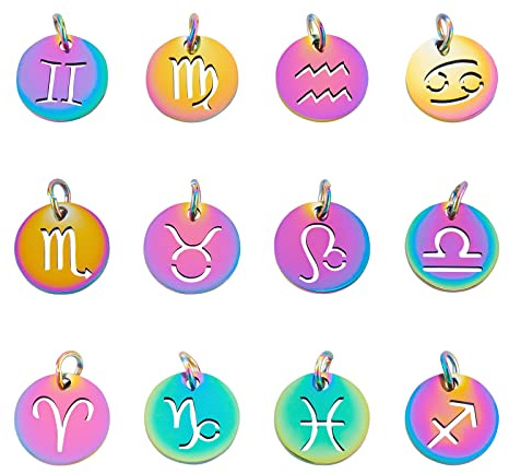 UNICRAFTALE 24Pcs Rainbow Color 12 Constellations Charm 201 Edelstahl Sternzeichen Anhänger Mit Sprungringen Flach Rund Mit Constellation Anhänger Für DIY Ohrringe Halsketten Armbänder Schmuck