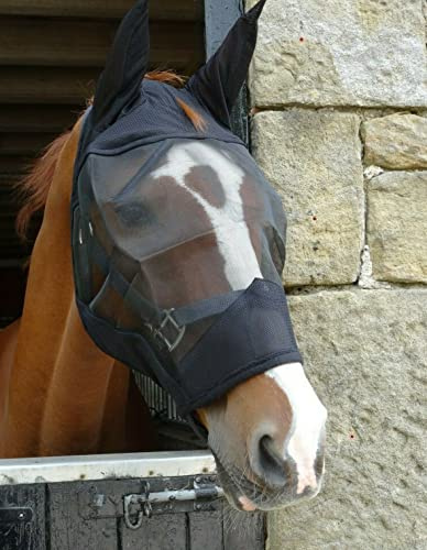 Black or White Padded Mesh Fly Mask Hood with Ears Horse and Pony Size (Pony, Black)