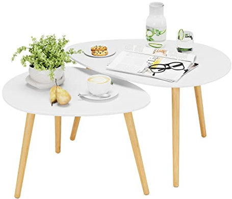 FOREHILL 2er Set Beistelltisch, Satztisch Couchtische Weiß, Kaffeetisch Wohnzimmertisch aus Holz, skandinavischer Stil, großer Tisch(75.8x52.7x46.3cm), Kleiner Tisch(63x48x42cm)