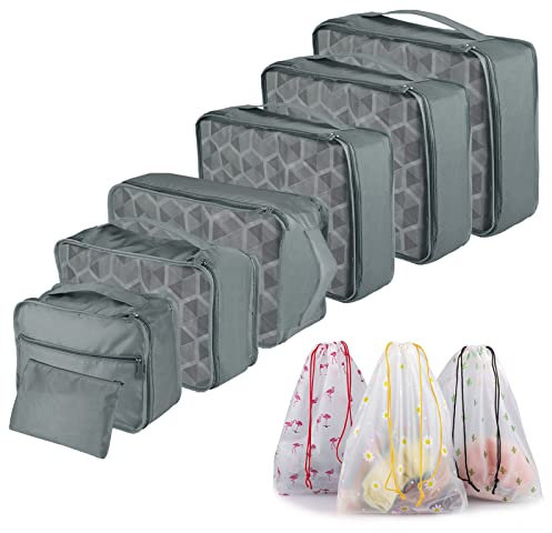 Sciphylia Koffer Organizer 10 Stück Reise Kleidertaschen Packing Cubes Kofferorganizer Packwürfel Set für Reise Packtaschen für Kleidung Verpackungswürfel mit Kosmetiktasche Schuhbeutel, Grau