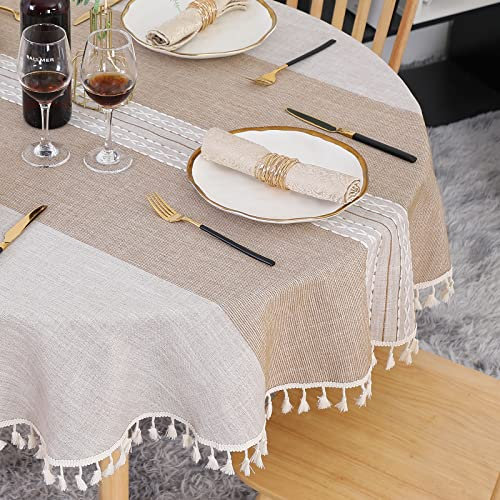 SUCHDECO Leinen Tischdecke Rund 120 cm Abwaschbar Baumwolle Tischtuch Knitterfrei Staubdicht mit Quasten Streifenstickerei für Küche, Esszimmer, Esstisch, Couchtisch, Gartentisch, Khaki