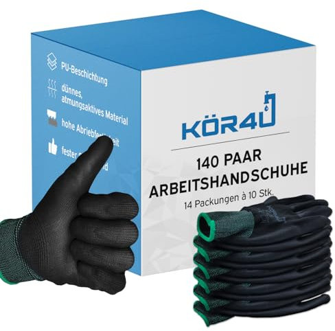 kör4u 140 Paar Arbeitshandschuhe, atmungsaktiv und beschichtet, als Schutzhandschuhe, Gartenhandschuhe Damen und Mechaniker Handschuhe geeignet, mit hochwertiger PU-Beschichtung, dünn und leicht