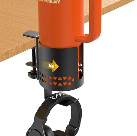 Sackei Desk Cup Holder Metal & Headphone Hanger 360° Rotating PC Gaming Desk Accessories Anti-Spill Table Cup Holder Clamp on Chair for Coffee Mugs Stanley YETI Bottles Pencil Holder