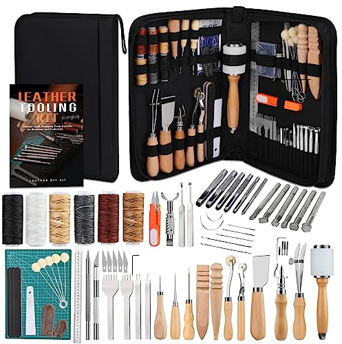 Wamkon Utensili per la lavorazione della pelle, set di utensili da cucito in pelle, con custodia, tappetino da taglio, punzonatura per zinco, fustellatrice nutriente, per fai da te, cucito, taglio e