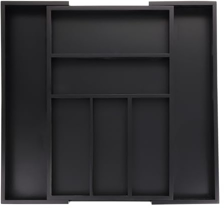 Relaxdays Bac à Couverts Extensible, Bambou, HxLxP: 5x30,5-49x46 cm, 5-7 Compartiments, Range-Couverts à tiroirs, Noir