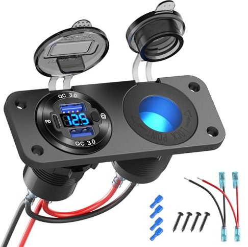 12V USB Steckdose usb c Einbaubuchse Panel Stecker, PD3.0 und Dual QC3.0 USB Ports Aluminium Auto ladegerät mit LED Voltmeter Schalter, Beleuchtete 150W Zigarettenanzünder Steckdose 2 in 1 DIY Bausatz