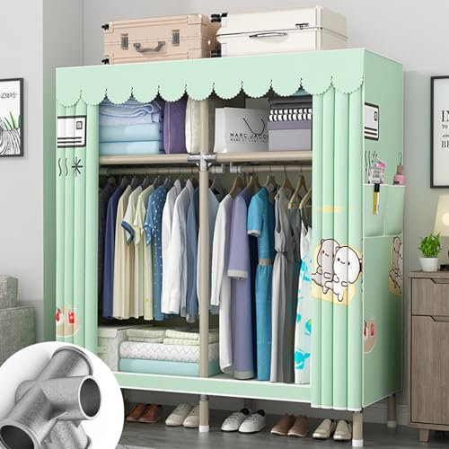 DETMOL Faltschrank 170x45x170 cm In Grün - Kleiderschrank Mit Kleiderstange,Fächern Und Seitentasche - Stoff Vorhang Für Garderobe Metall,Garderobenbügel Mit Stoff