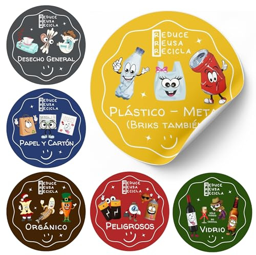 LiveLaif® Pack 6 Pegatinas Reciclaje Basura ESPAÑOL Ø11 cm | Didácticas | Pegatinas Cubo Basura | Etiquetas Adhesivas Reciclaje para Hogar, Oficina y Colegios | Vinilo Brillo