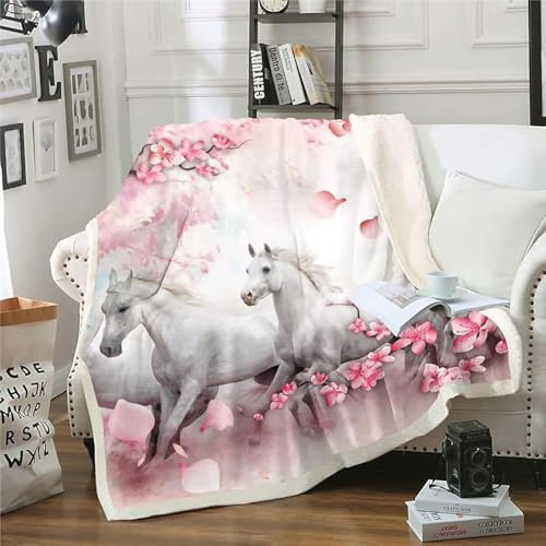 ZZTBQ Pferde Geschenk Drucken Kuscheldecke für Erwachsene Horse Pfer Weiß Rosa Kirschblüten Warm Sherpa Decke Dicke Sofa Flanell Fleecedecke 150x200cm Pferde Mädchen Geschenk Überwurfdecke