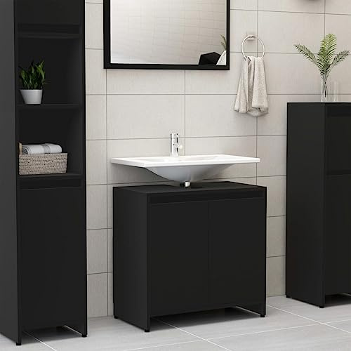 Homvdxl Modern Under Sink Bathroom Cabinet, 2 Doors Free Standing Sink Storage Unit for Washbasins without Pedestal 60x33x61 cm, Black