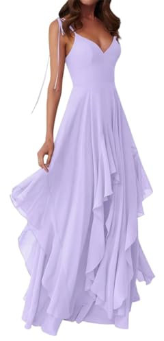 Vestidos de dama de honor de gasa para mujer, para boda, cuello en V, plisados, vestidos de cóctel, vestidos de vacaciones, talla grande, Lila, 42