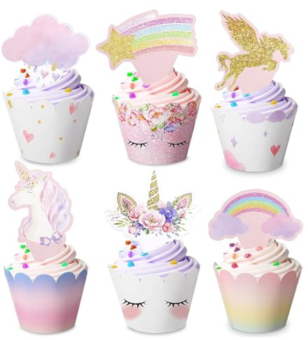 Ovanda 24 Stück Einhorn Tortendekos, Einhorn Kuchendeko Mädchen, Torte Einhorns Deko für Kinder, Tortendeko Einhorns, Tortendeko Mädchen, Deko Kindergeburtstag, Kuchenbecher Dekos